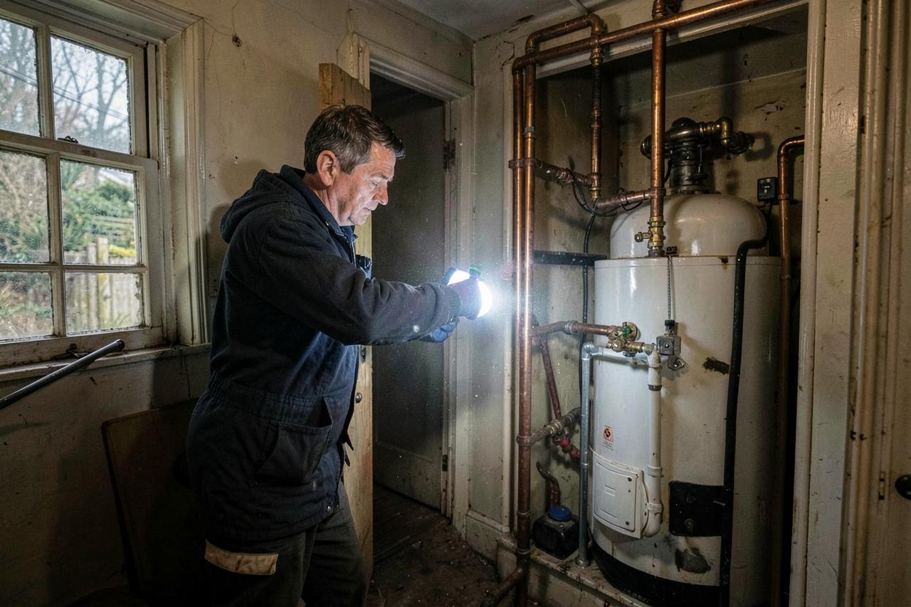 Plumber inspecting a hot water cylinder and copper pipework in an airing cupboard