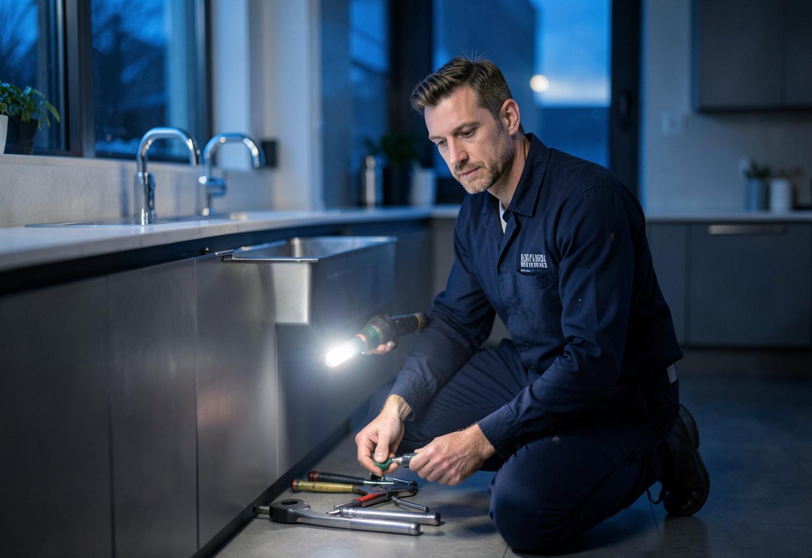 Plumber in navy uniform working under a kitchen sink at night with a torch